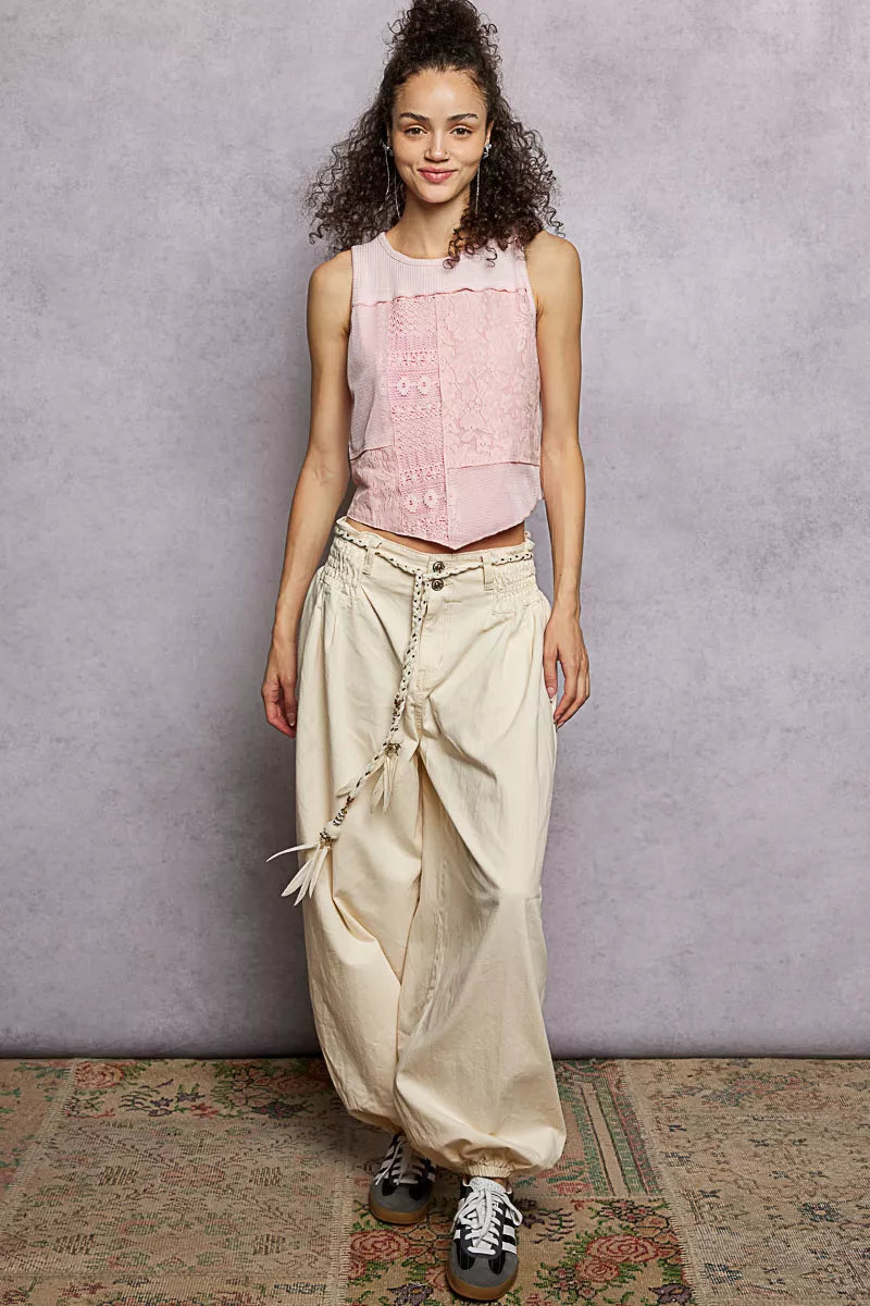 POL Ribbed Round Neck Cropped Tank with Lace Detail
