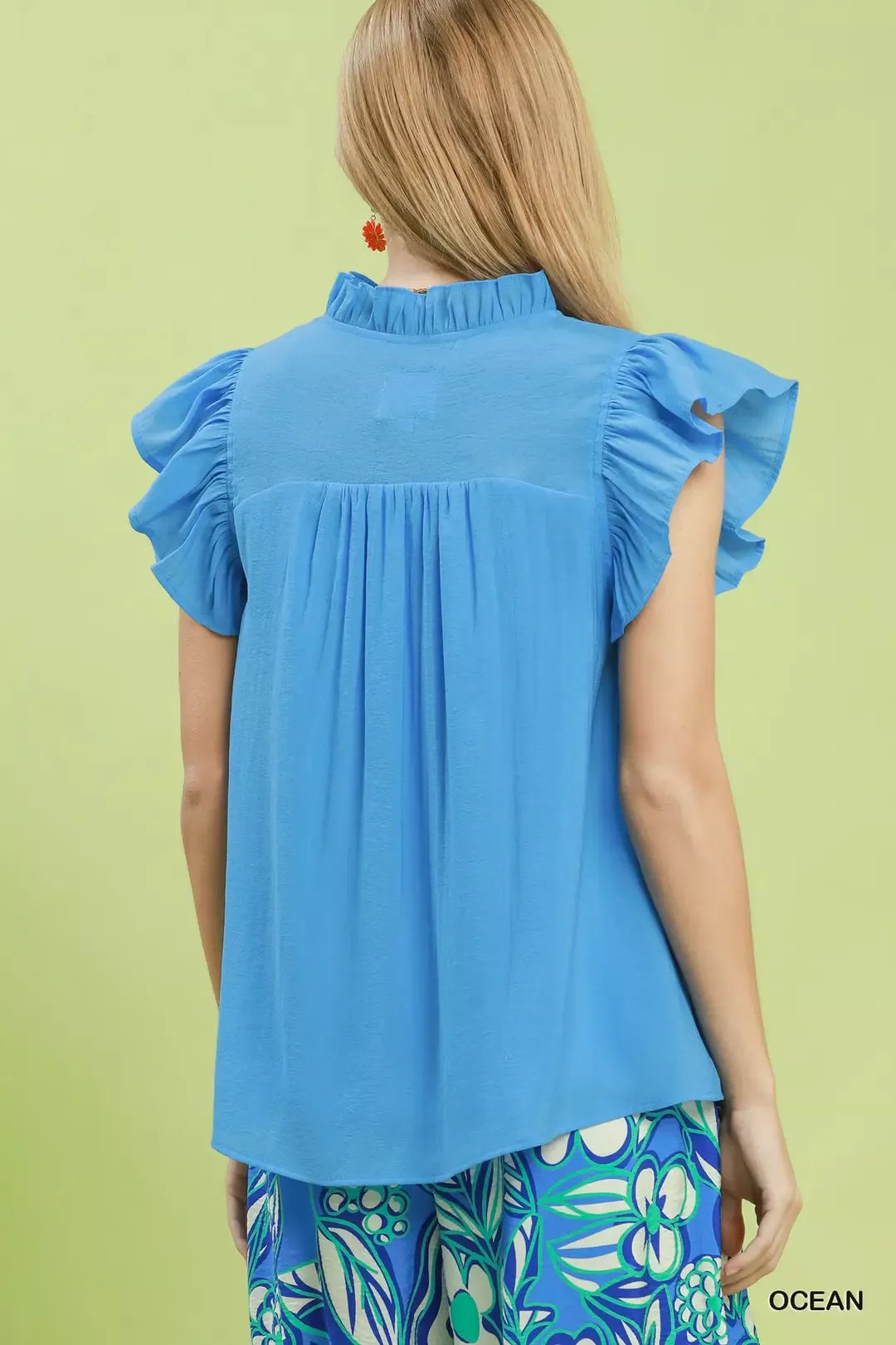 Umgee Smocked Yoke Ruffle Sleeve Blouse
