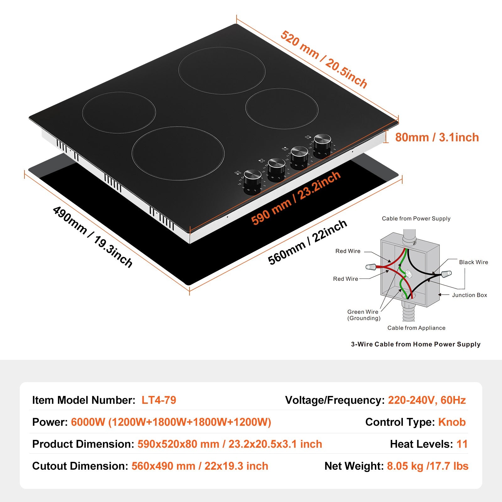 Built-in Electric Cooktop Radiant Ceramic Cooktop 4 Burners 23.2x20.5 inch