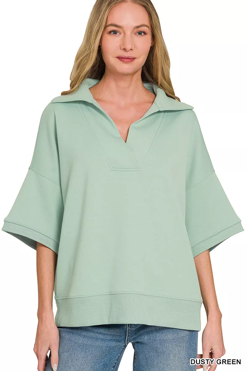 Zenana Scuba Collared Short Sleeve Pullover