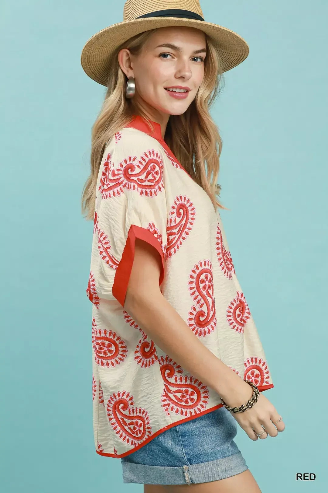 Umgee Paisley Print Contrast Trim Top