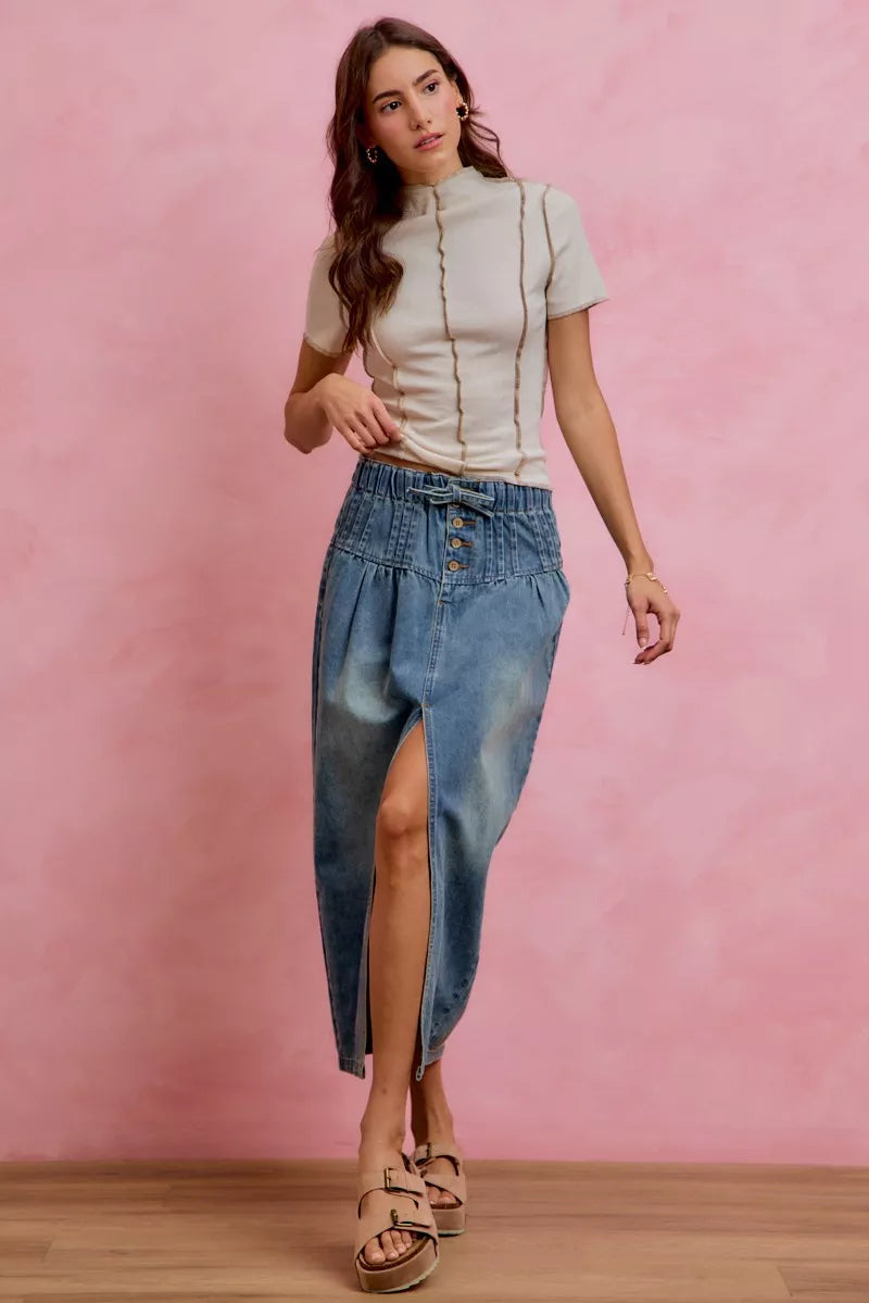 SO ME Pleated Washed Denim Skirt With Front Slit
