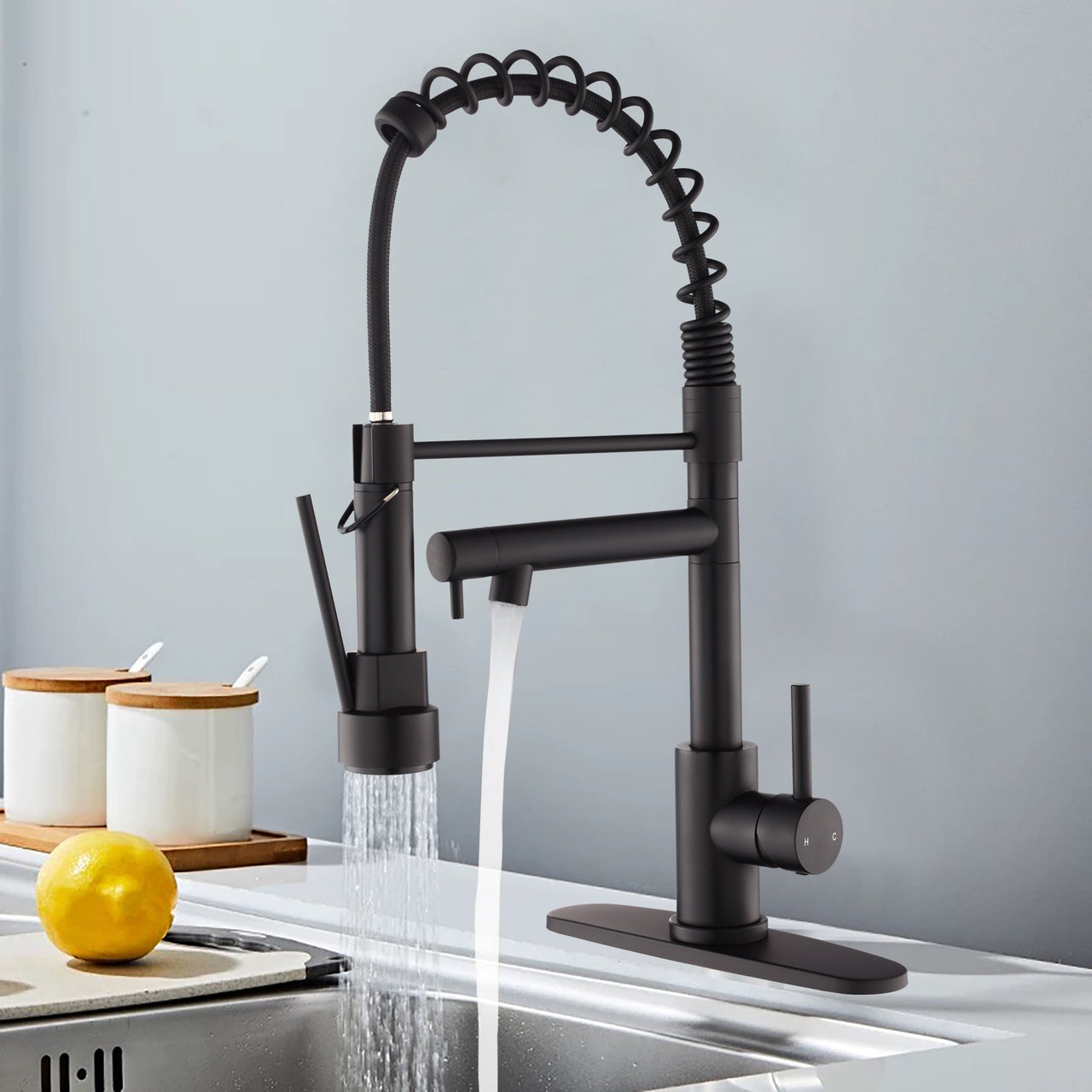 Kitchen Faucet with Pull Down Sprayer, Touch On Single Handle 2- Function Stainless Steel Spring Neck, Single Hole Installation for Residential, Commercial, RV, Bar & More, Matte Black