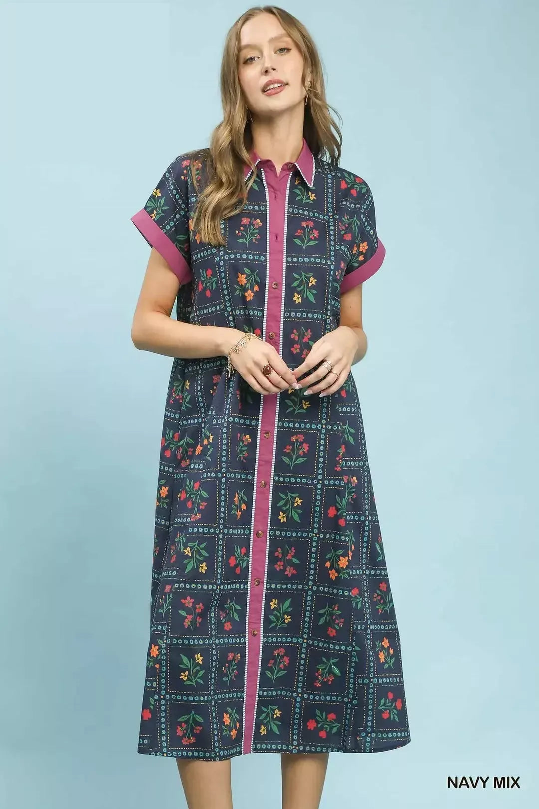 Umgee Mix Floral Button-Front Midi Dress