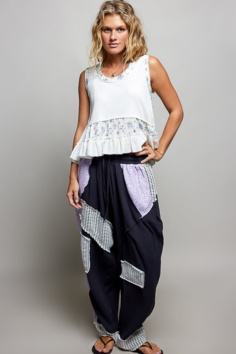 POL Floral Print Patche Round Neck Ribbed Tank with Double Gauze Ruffle Accents