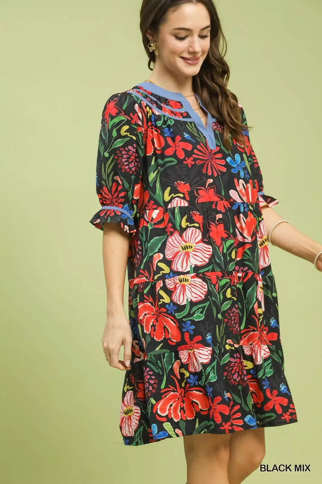 Umgee Floral Tiered Puff Sleeve Dress