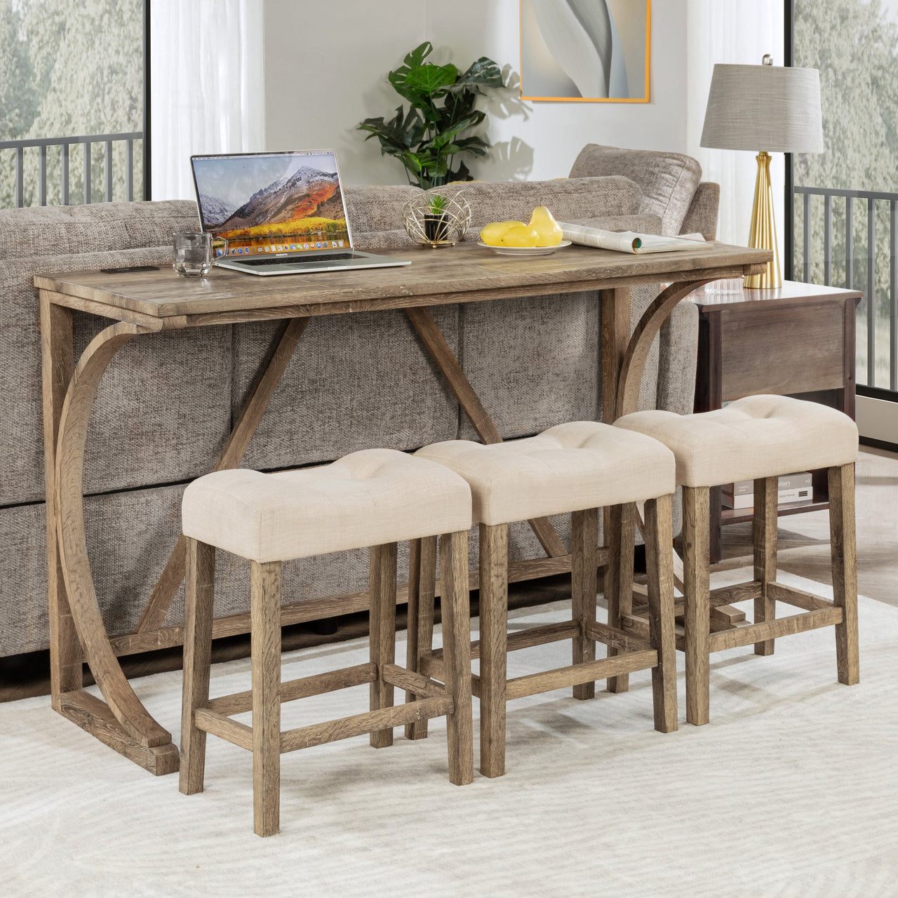 4-Piece Bar Table Set with Power Outlet, Dining Bar Table and Chairs Set, Bar Table Set with 3 Padded Stools for Living Room, Dining Room, Game Room, Brown