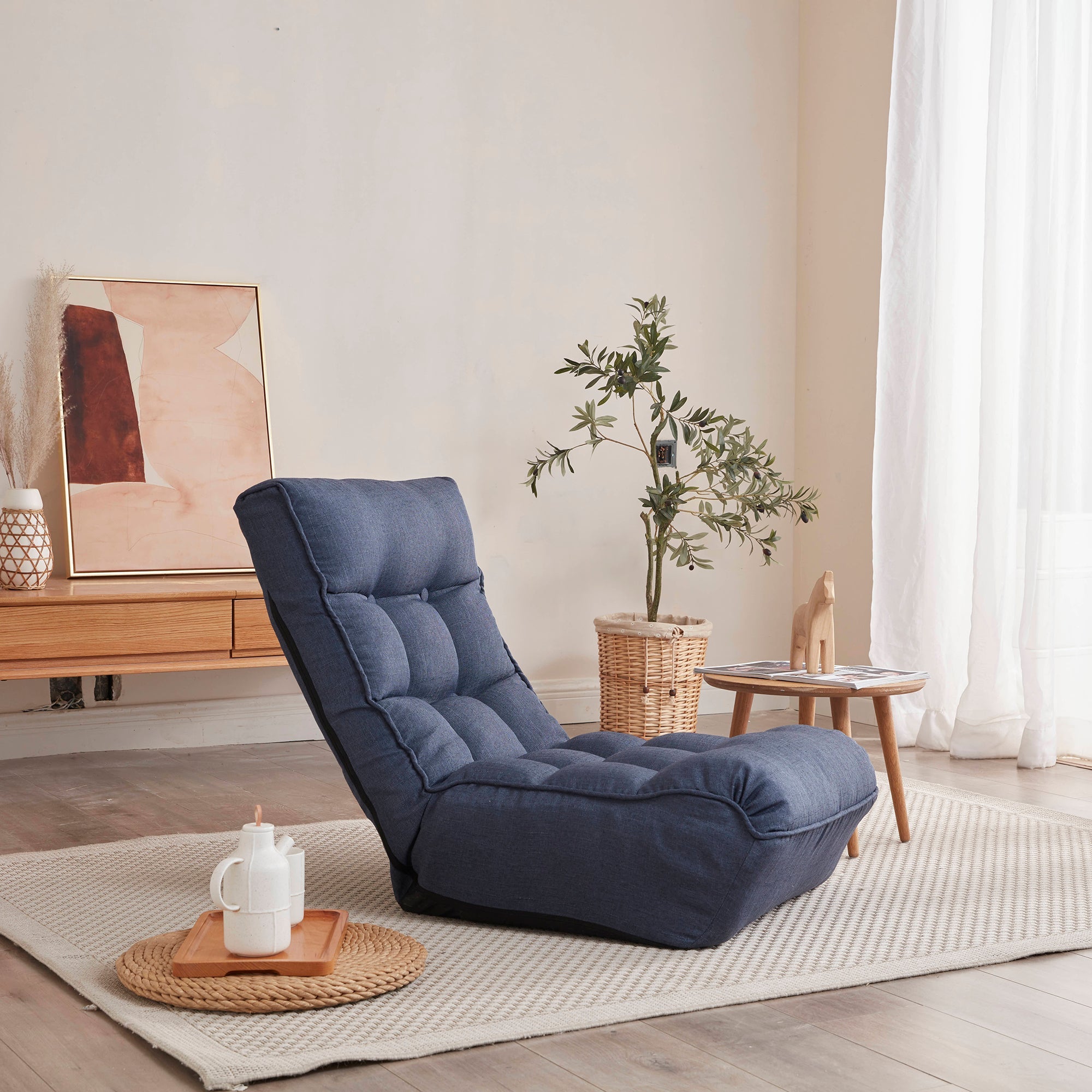 Single sofa reclining chair Japanese chair lazy sofa tatami balcony reclining chair leisure sofa adjustable chair,Navy
