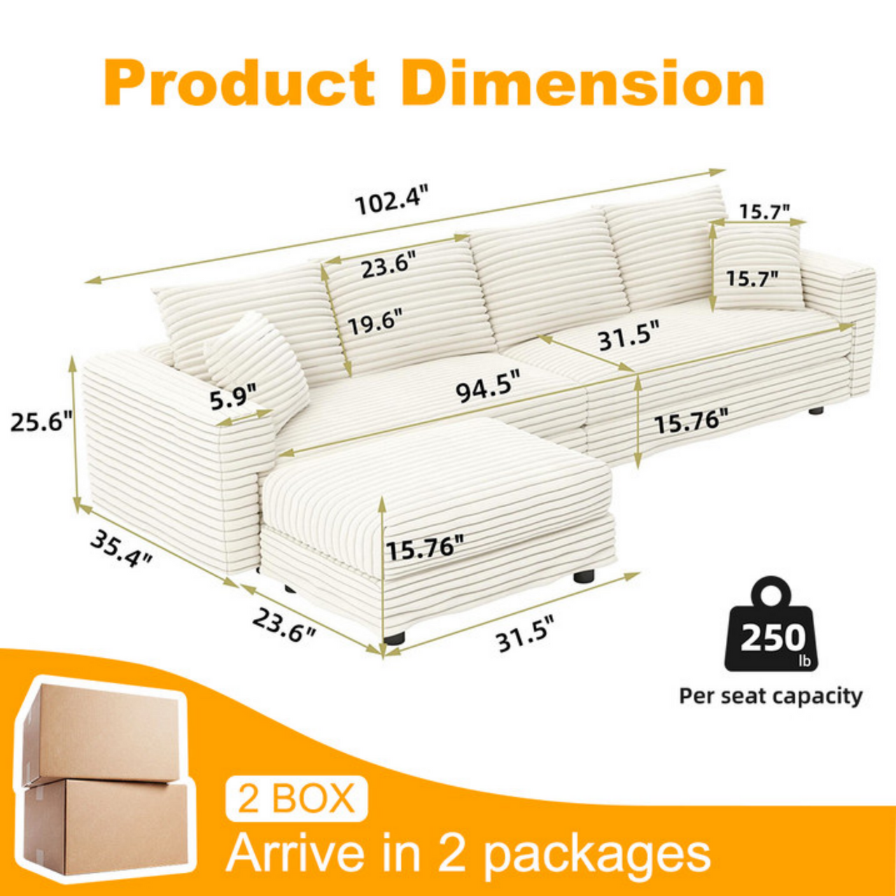 102.4 'Plush Corduroy 4-Seat Sofa,Modern Comfy Upholstered Sofa Cloud Couch,Deep Seat Couches with Soft Pillows and Movable Ottoman,Convertible Sofa Lounge Chair,for Living Room,Apartment,Office,Beige