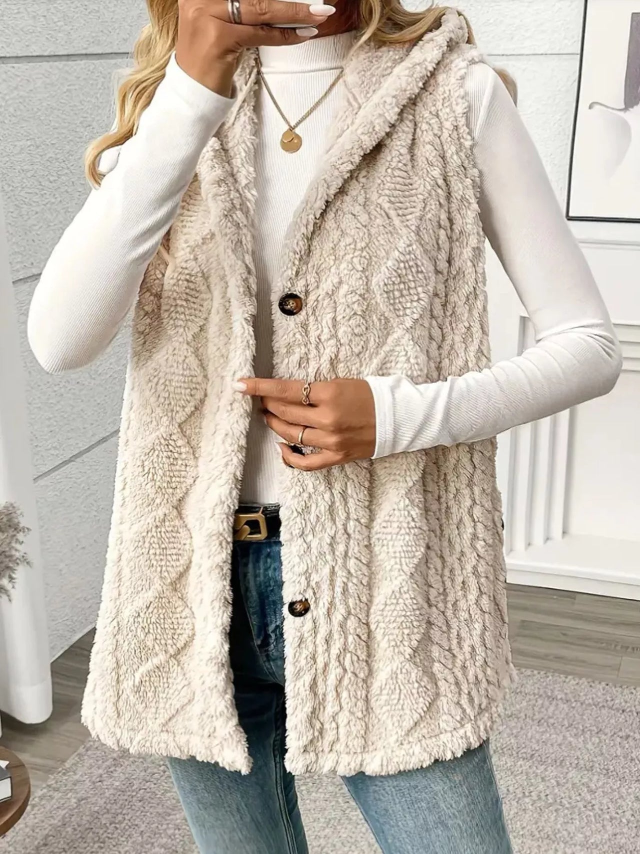 Button-Down Sherpa Hooded Vest Coat