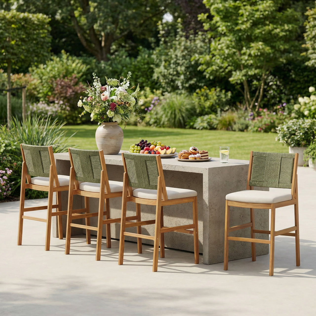 4 Pieces Arly Green Outdoor Bar Stool Solid Acacia Wood and Woven Wicker