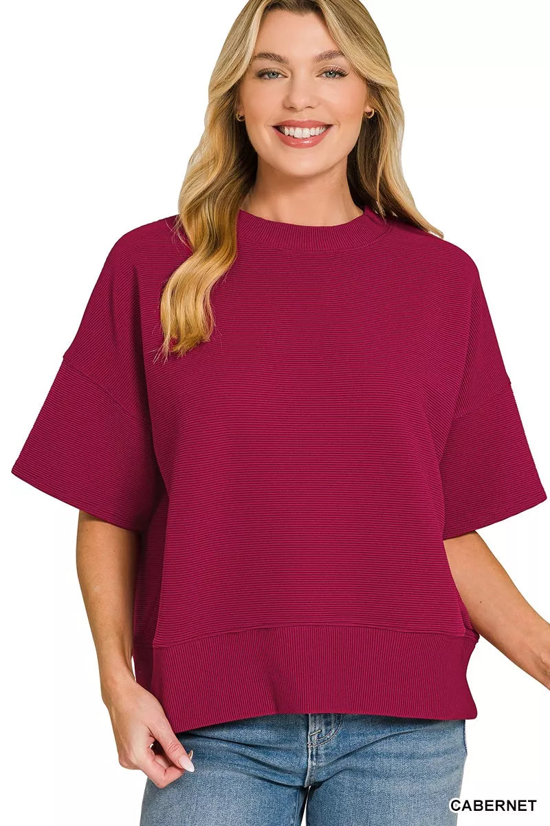 Zenana Ribbed Round Neck Waist Banded T-Shirt