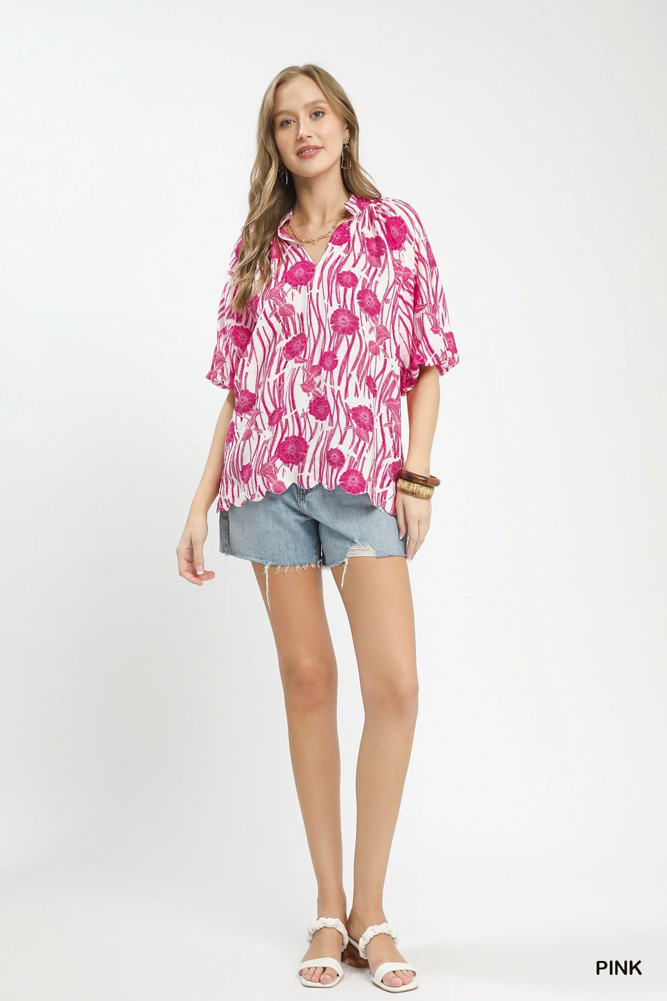 Umgee Floral Scalloped Edge Puff Sleeve Blouse with High-Low Curved Hem