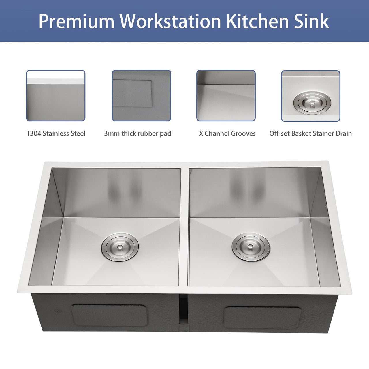 Brushed Nickel Undermount Double Bowl Kitchen Sink 33 x 19 in 16 Gauge Stainless Steel with 9 Inch Deep Basin