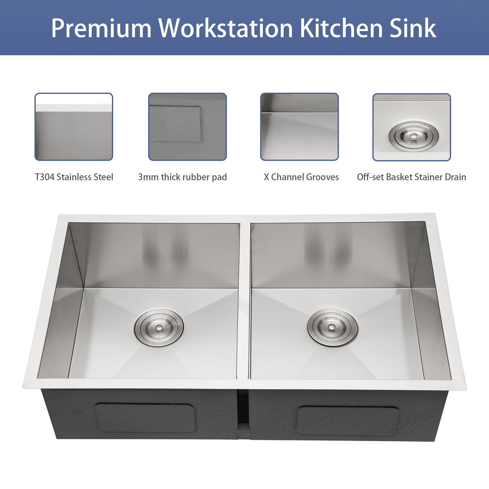 Brushed Nickel Undermount Double Bowl Kitchen Sink 33 x 19 in 16 Gauge Stainless Steel with 9 Inch Deep Basin