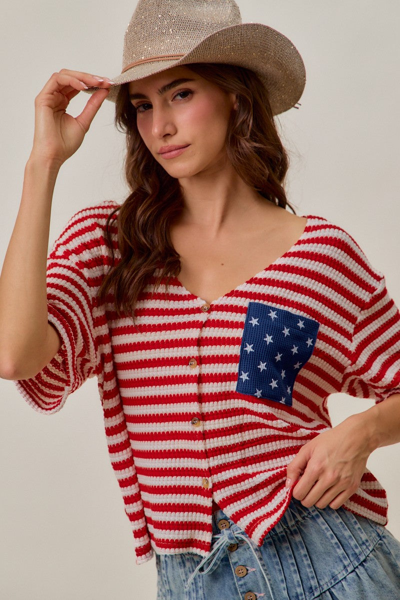 SO ME Stripe Waffle Knit Fourth Of July Cardigan Top