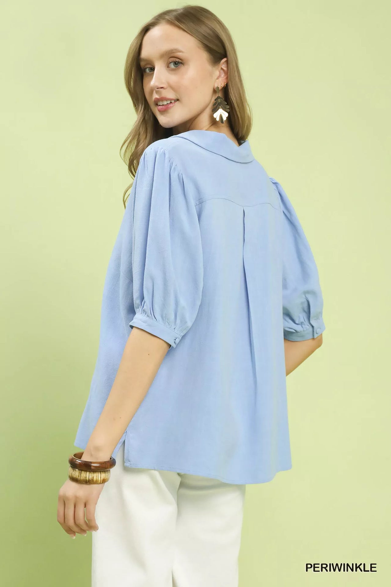 Umgee Mixed Media V-Neck Print Blouse