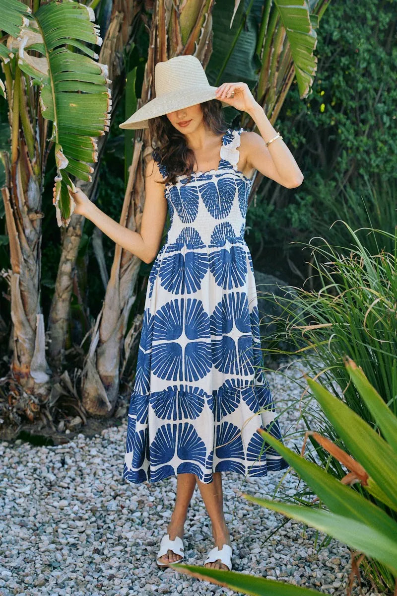 SO ME Abstract Print Smocked Bodice Tiered Lined Midi Dress