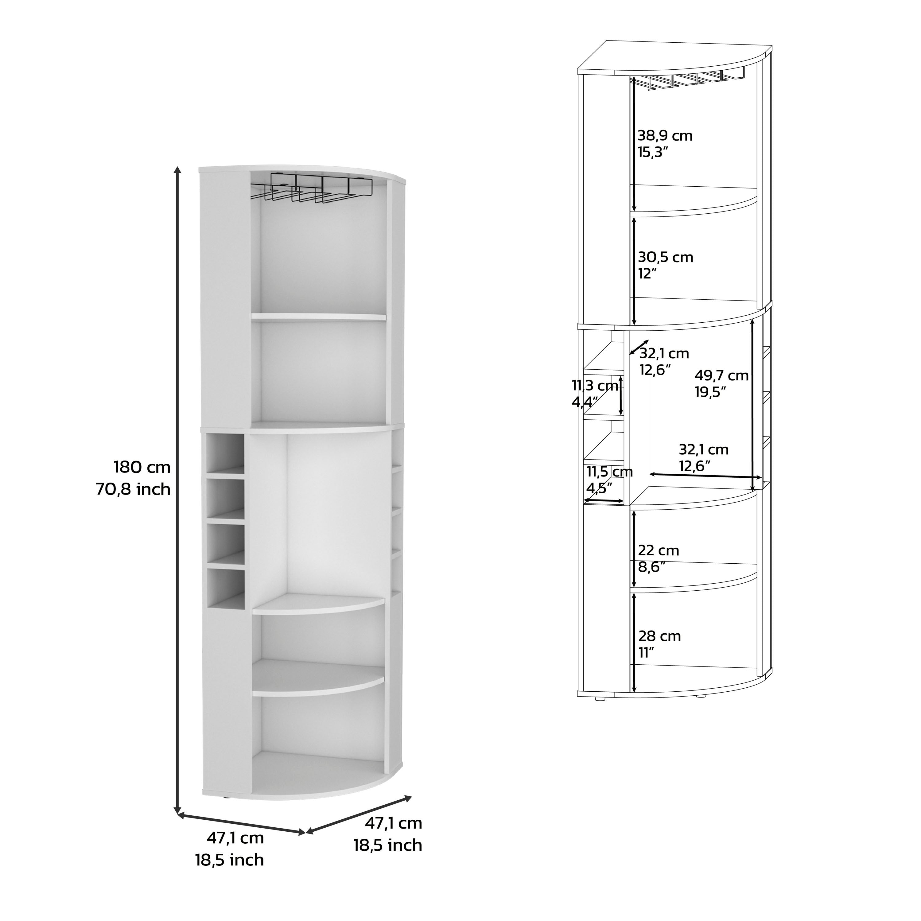 71' Corner Bar Cabinet with Five Shelves, Eight Bottle Cubbies and Stemware,White