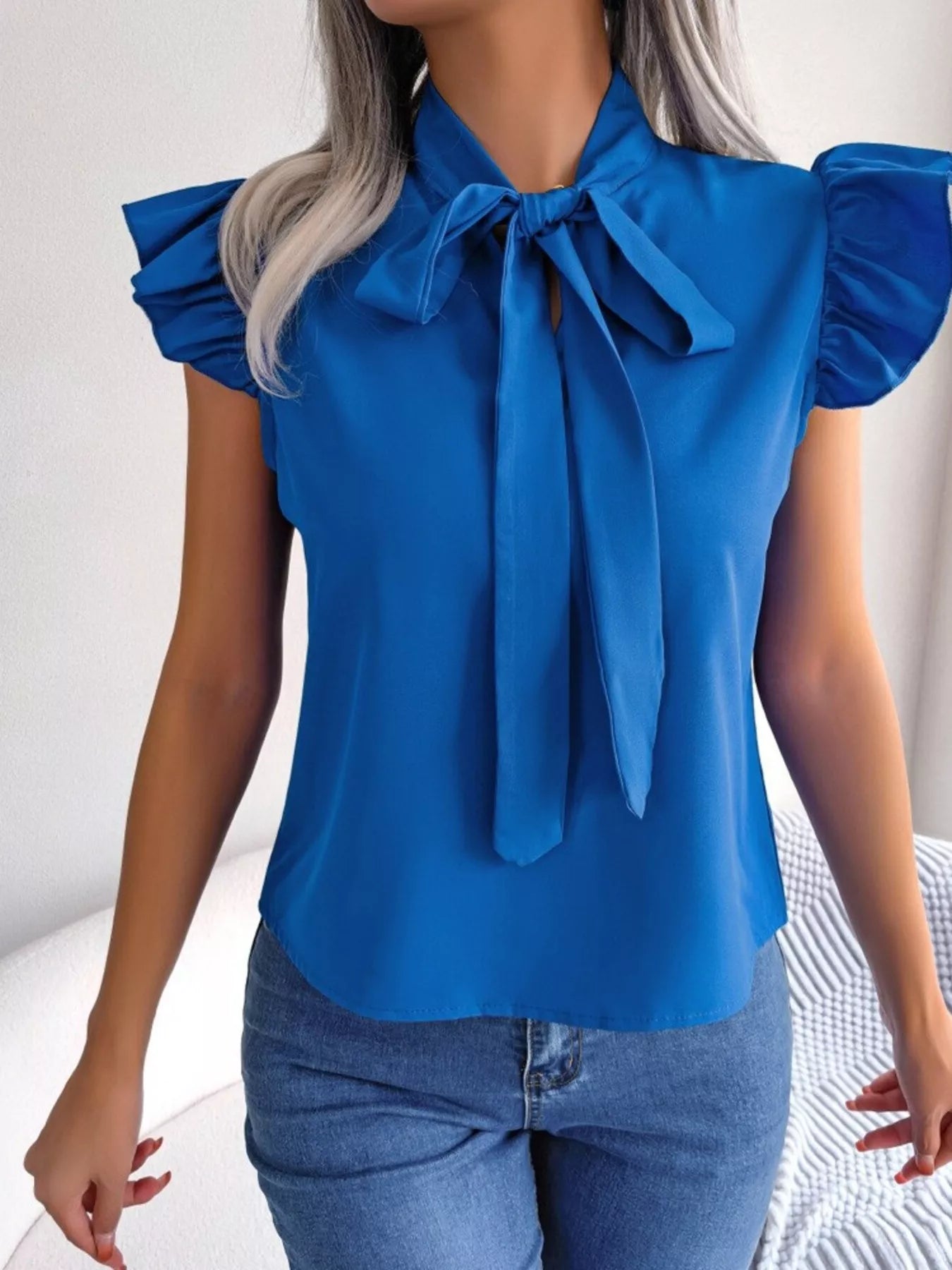 Bow Tie Ruffle Sleeve Blouse