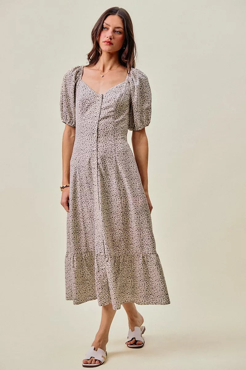 SO ME Ditsy Floral Self Belt On Elastic Waist Maxi Dress