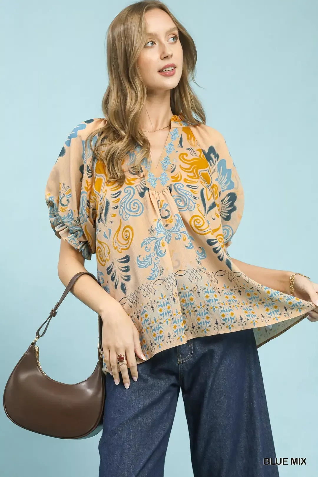 Umgee Border Print Puff Sleeve V-Neck Blouse