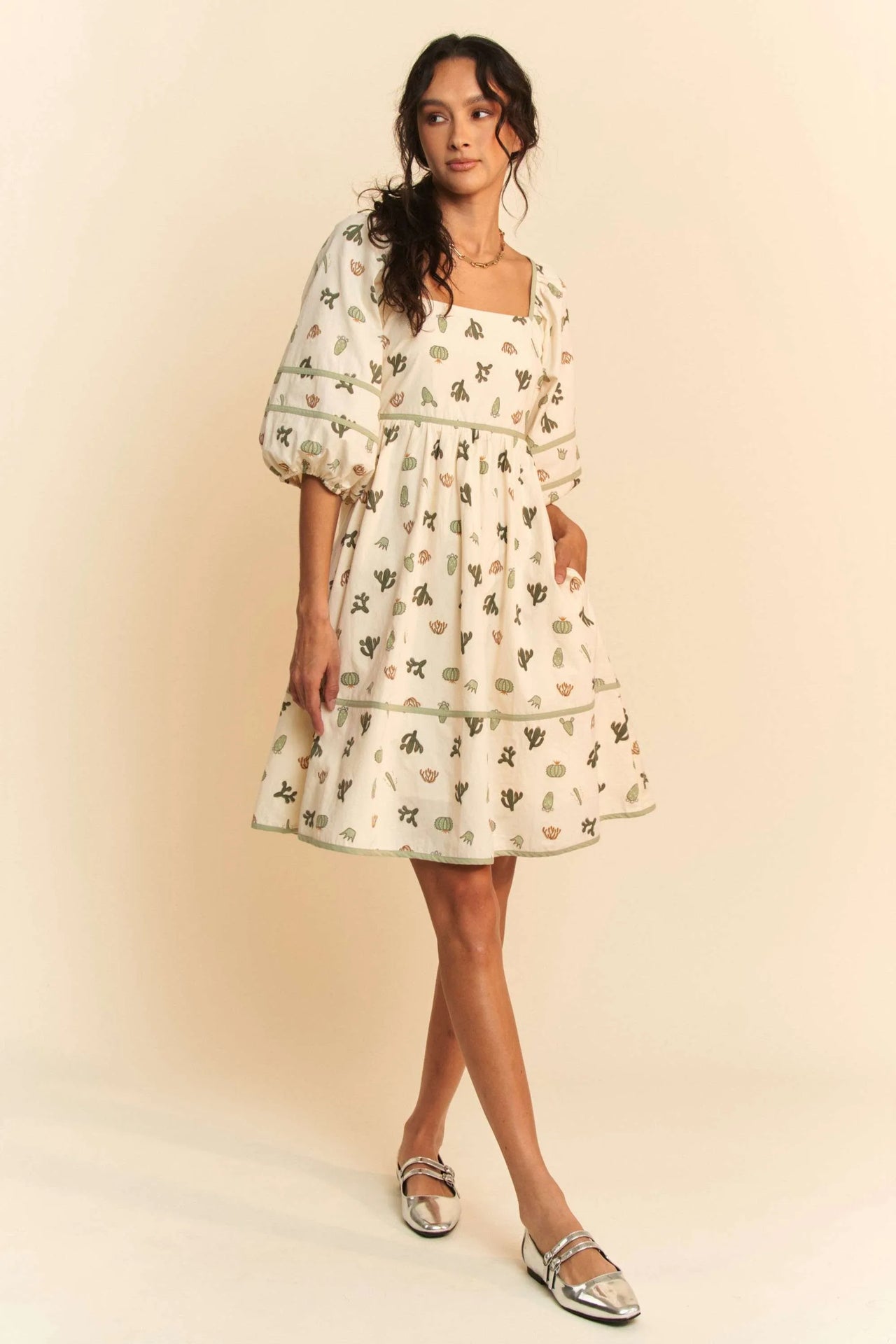 Davi & Dani Cactus Printed Poplin Contrast Piping Mini Dress