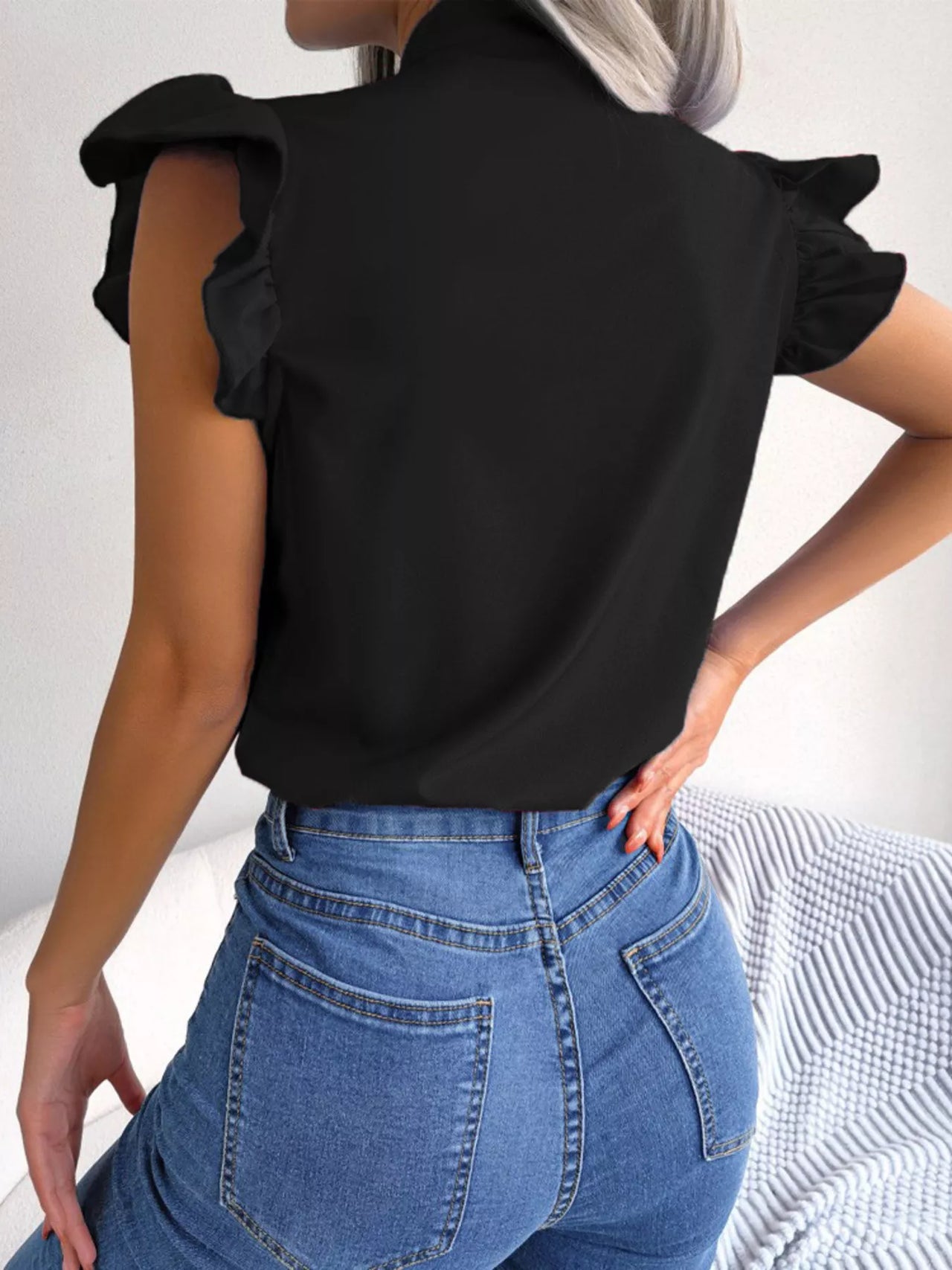 Bow Tie Ruffle Sleeve Blouse