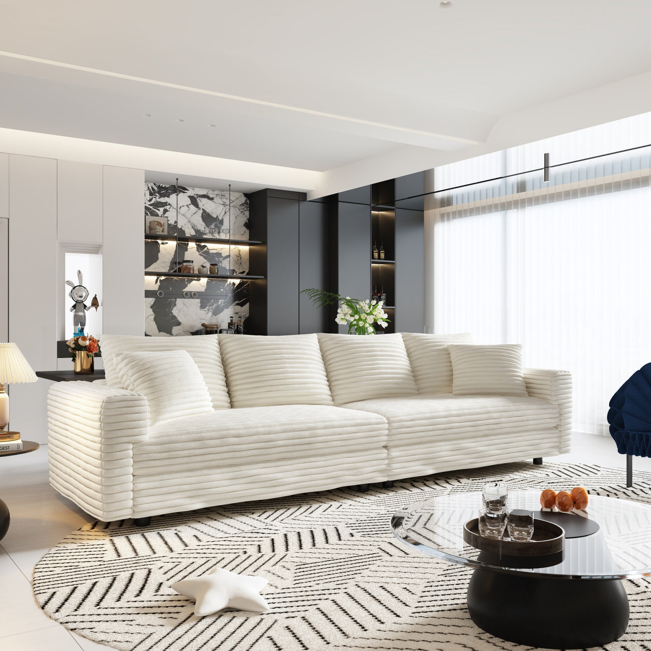 102.4 'Plush Corduroy 4-Seat Sofa,Modern Comfy Upholstered Sofa Cloud Couch,Deep Seat Couches with Soft Pillows and Movable Ottoman,Convertible Sofa Lounge Chair,for Living Room,Apartment,Office,Beige
