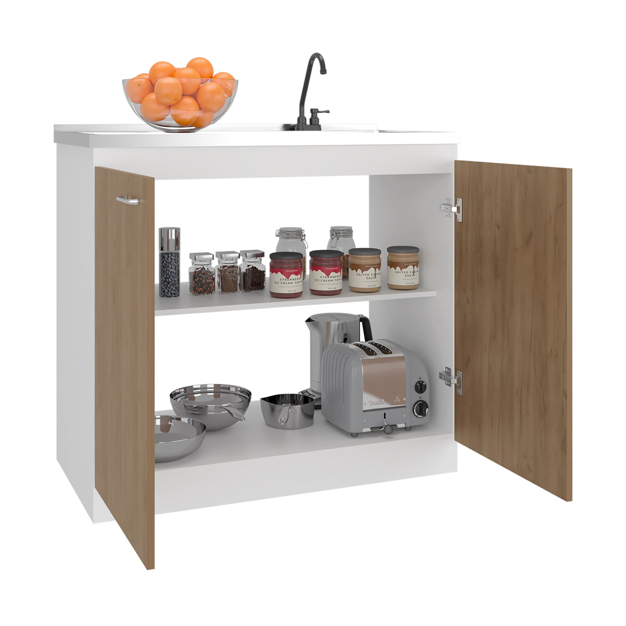 Napoles Utility Sink with Faucet Inclued and Integrated Stainless Steel Counter top, Freestanding cabinet with two doors, Metal Handles and Two interior shelves, Natural+White