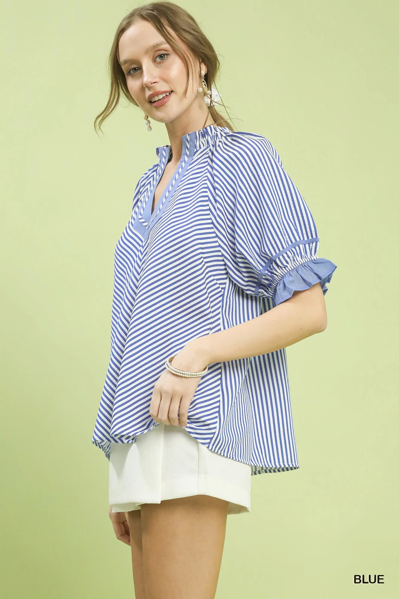 Umgee Stripe Ruffle Sleeve Split-Neck Blouse