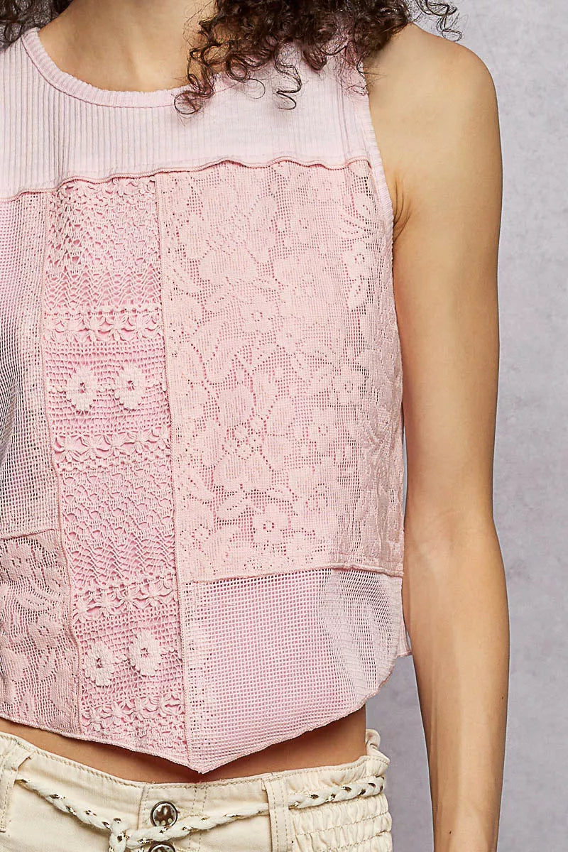 POL Ribbed Round Neck Cropped Tank with Lace Detail