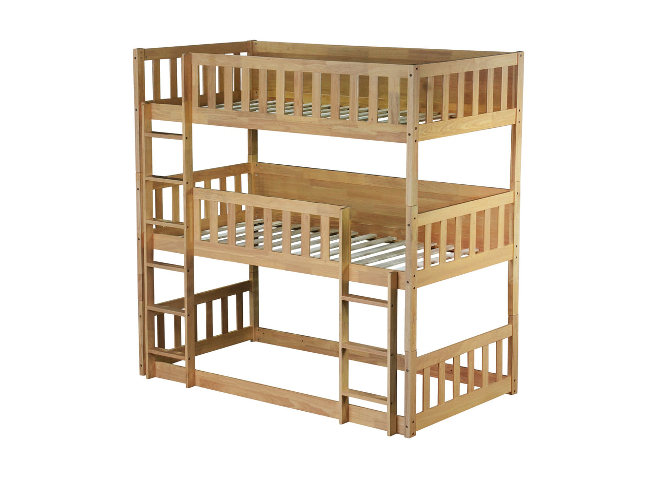 Twin Size Triple Rubber Wood Bunk Bed, with Ladders, Guardrails Detachable Bunk Bed, Twin over Twin over Twin,Natural