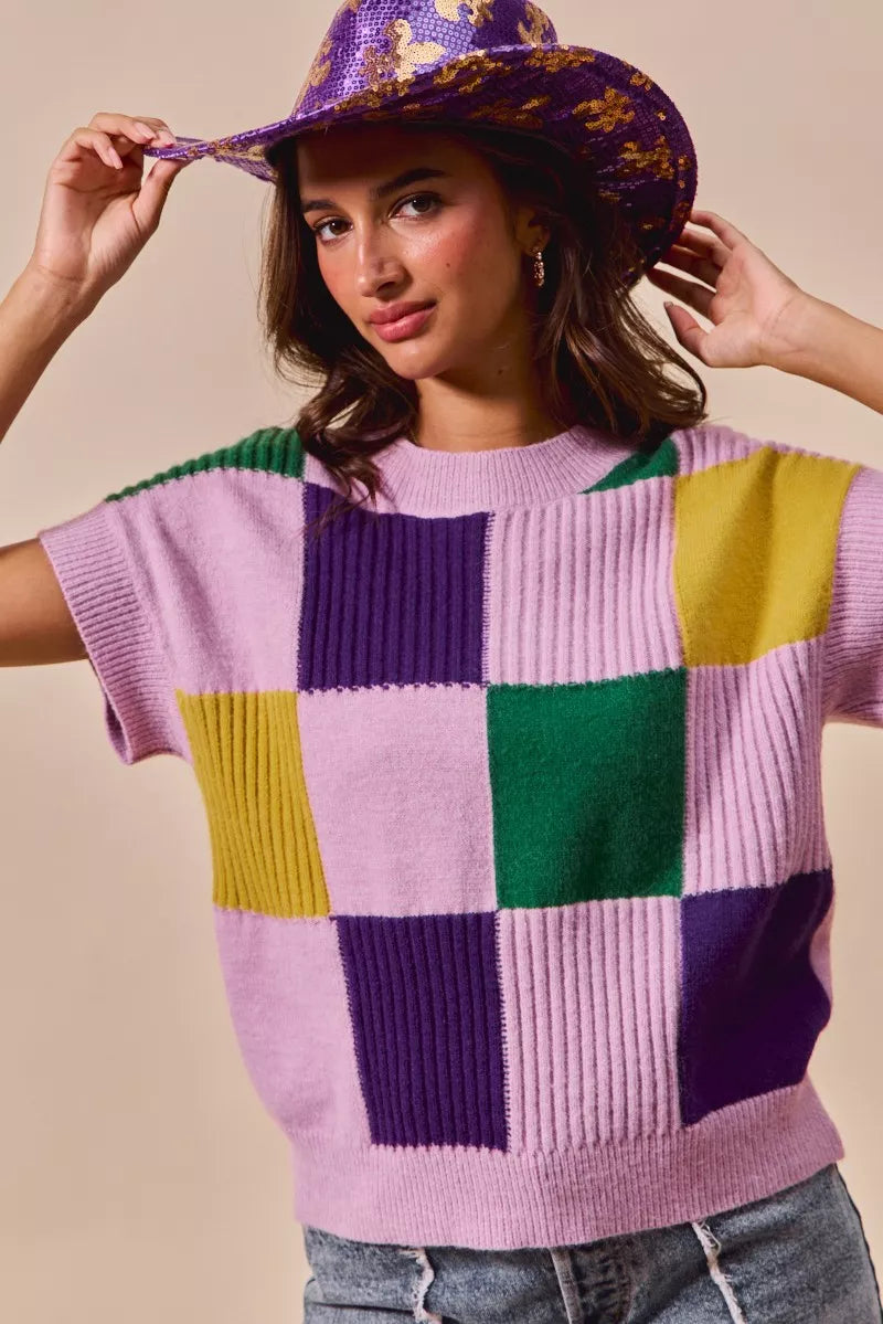 SO ME Mardi Gras Check Plaid Casual Sweater Top