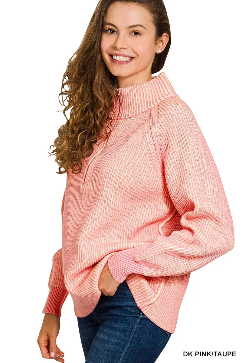 Zenana Ribbed Two Tone Half Zip Sweater