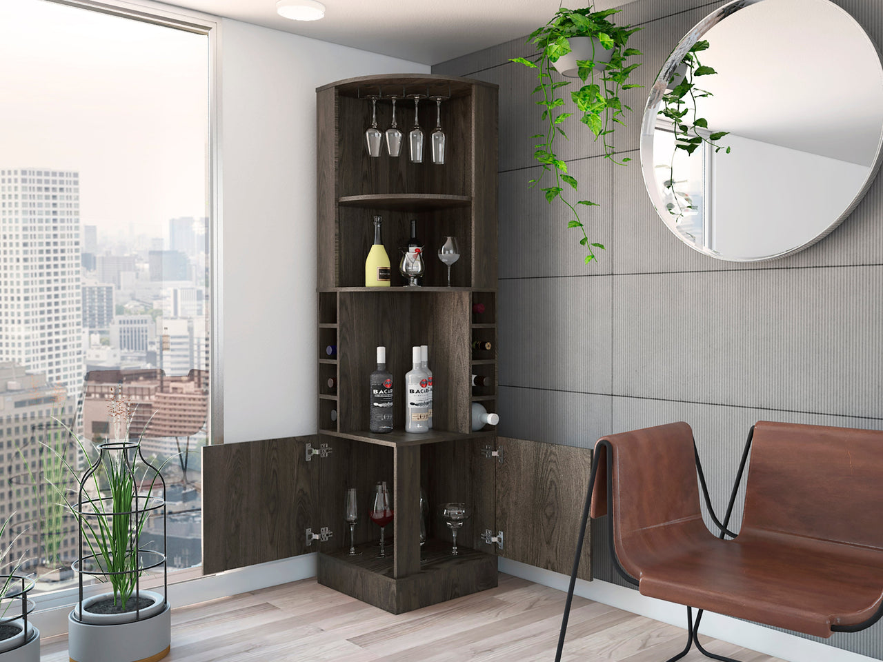 Seattle Bar Cabinet, Eight Bottle Cubbies, Two Large Open Shelves