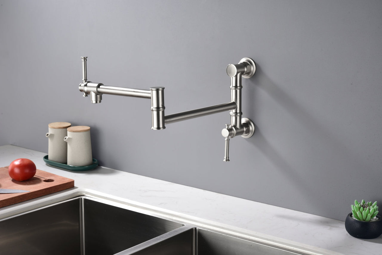 Wall mounted Pot Filler Faucet, Modern Brass Pot Filler Two-Attachment Wall Mount Folding Kitchen Pot Filler Swing Arm
