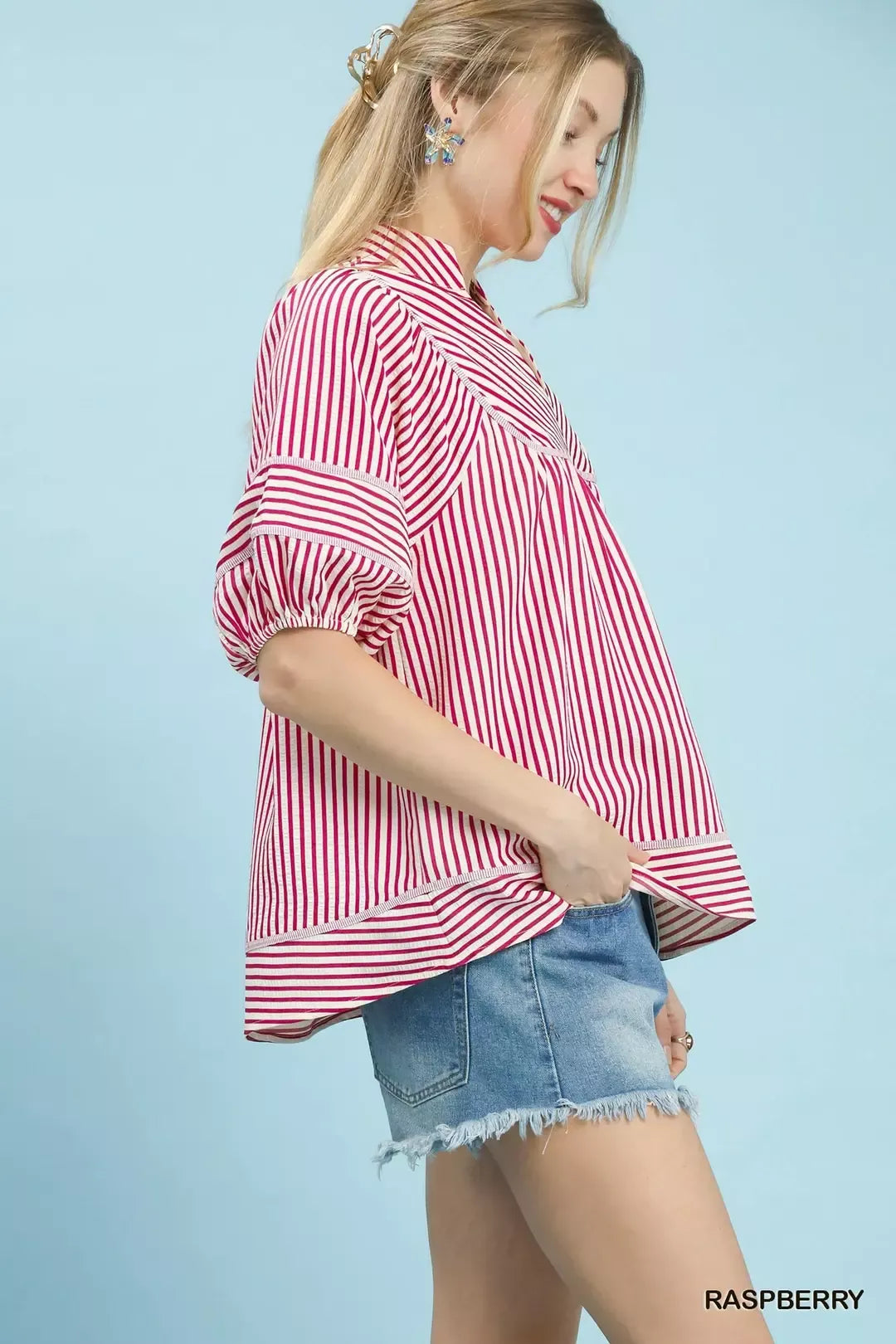 Umgee Striped Puff Sleeve Babydoll Top