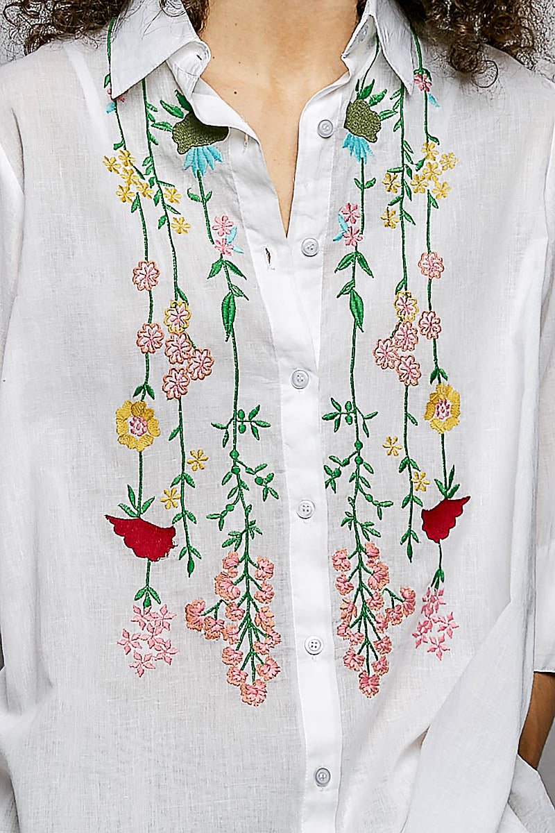 POL Floral Embroidered Half Sleeve Cotton Shirt