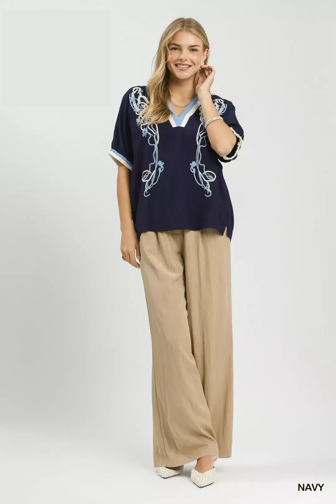 Umgee Embroidered Floral V-Neck Short Sleeve Blouse with Contrast Trim