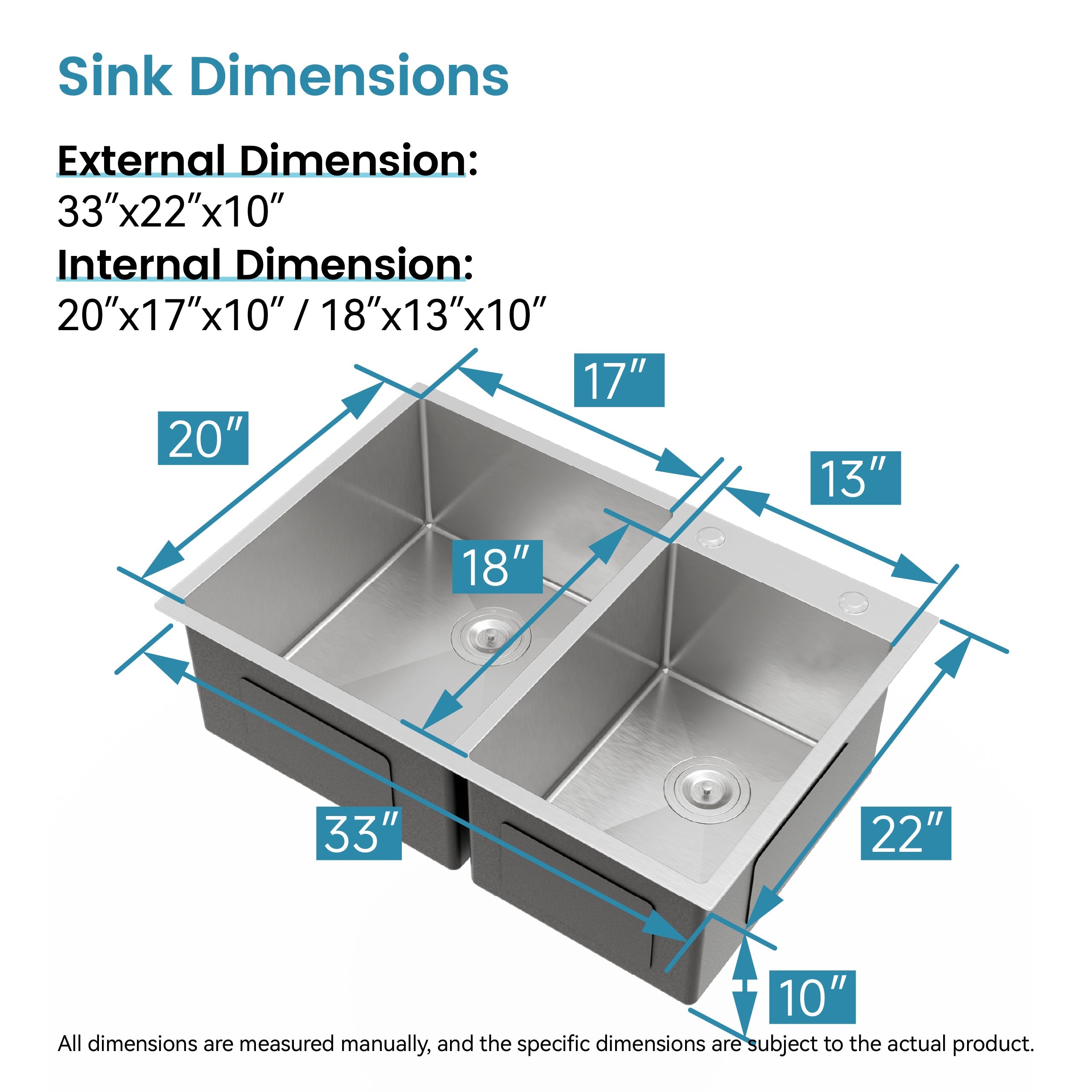 33'x19' Embedded Double Bowl Kitchen Sink, Overmount Handmade Sink in Brushed (Sink only)