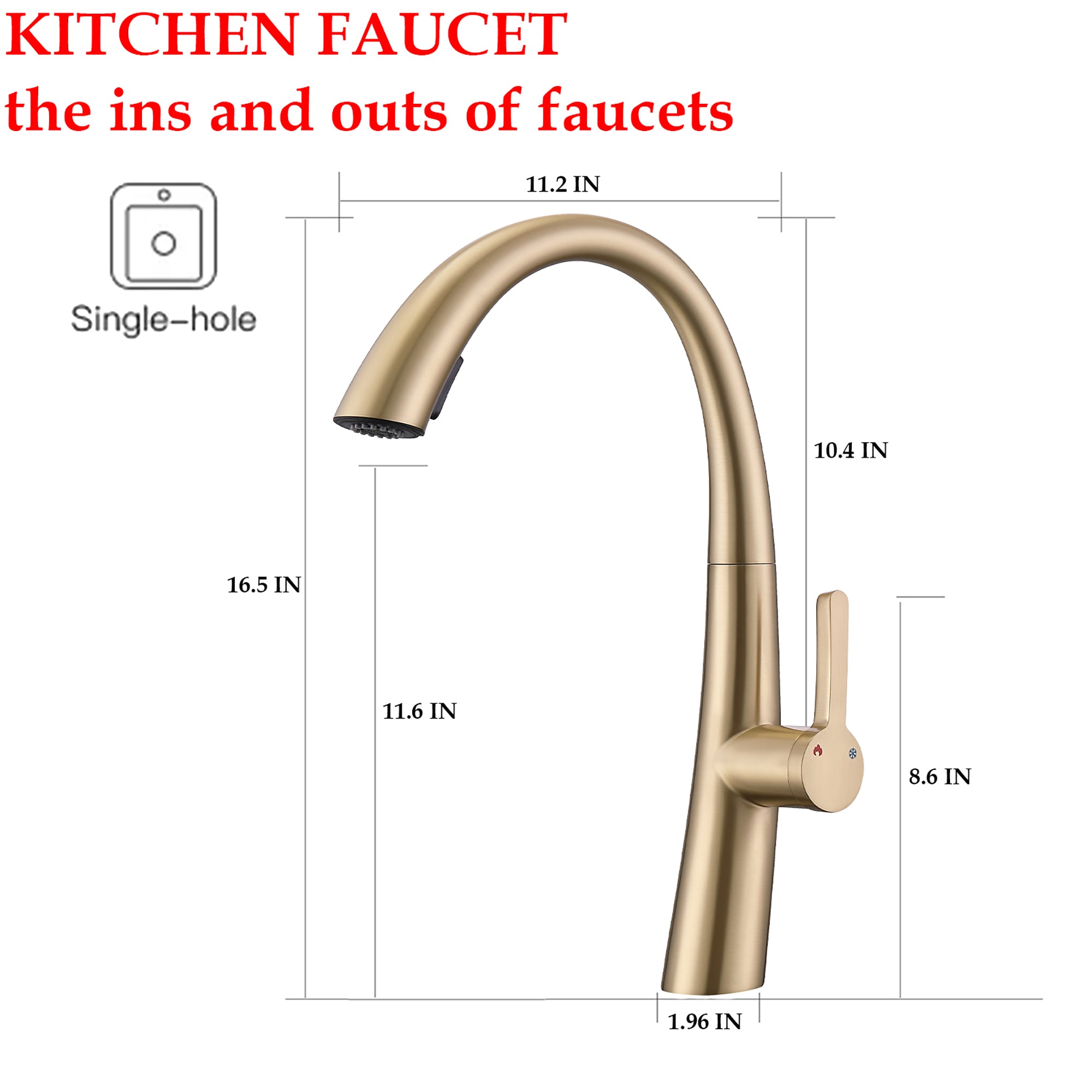 Elegant Single Handle Stainless Steel Pull Out Kitchen Faucet Brushed Gold with High-Arch Spout