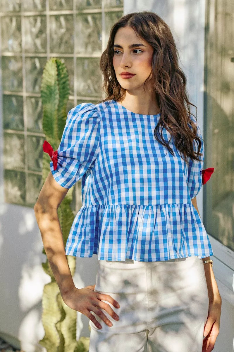SO ME 4th Of July Gingham Ribbon Detail Short Sleeves Blouse