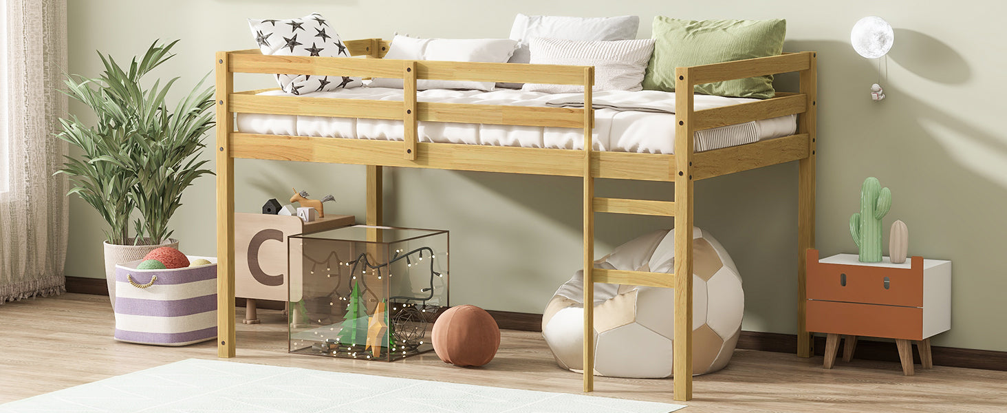 Solid Wooden, Rubber Wooden Twin Loft Bed with Ladder, Bed Platform of Strengthened Slats, Natural