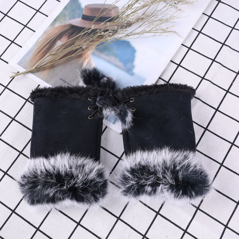 Suede Rabbit Hair Half Finger Gloves