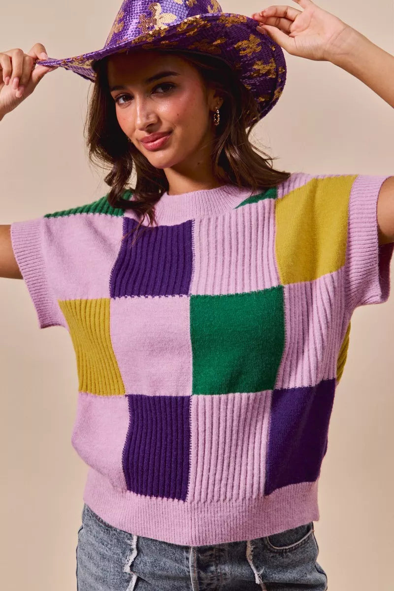 SO ME Mardi Gras Check Plaid Casual Sweater Top