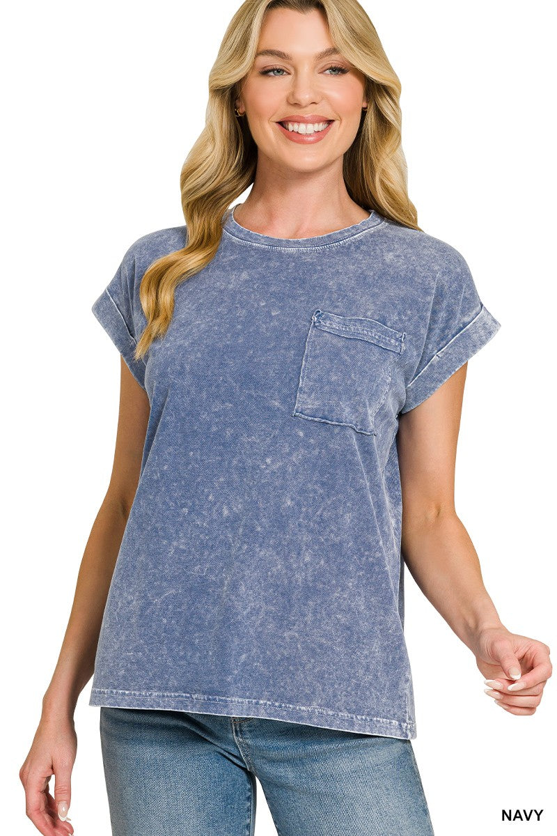 Zenana Halo Snow Washed Cuffed Short Sleeve Tee