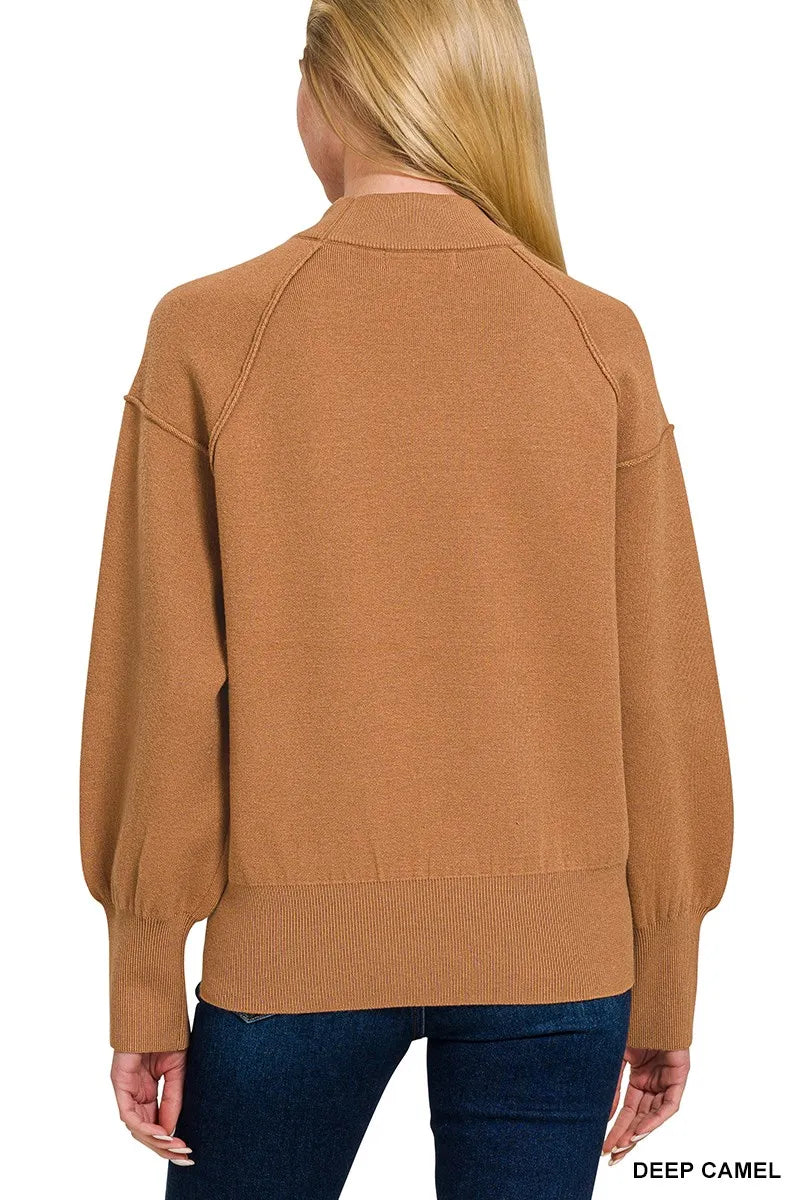 Zenana Viscose Mock Neck Exposed Seam Sweater