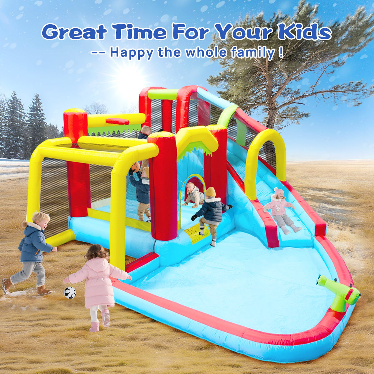 7 in1 Inflatable slide water park bouncing house outdoor Soccer garden bouncer with Splash pool  & Water gun & Climbing wall & Basketball & Football
