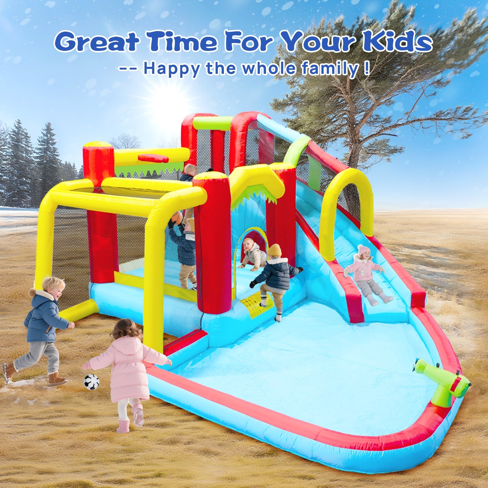 7 in1 Inflatable slide water park bouncing house outdoor Soccer garden bouncer with Splash pool  & Water gun & Climbing wall & Basketball & Football